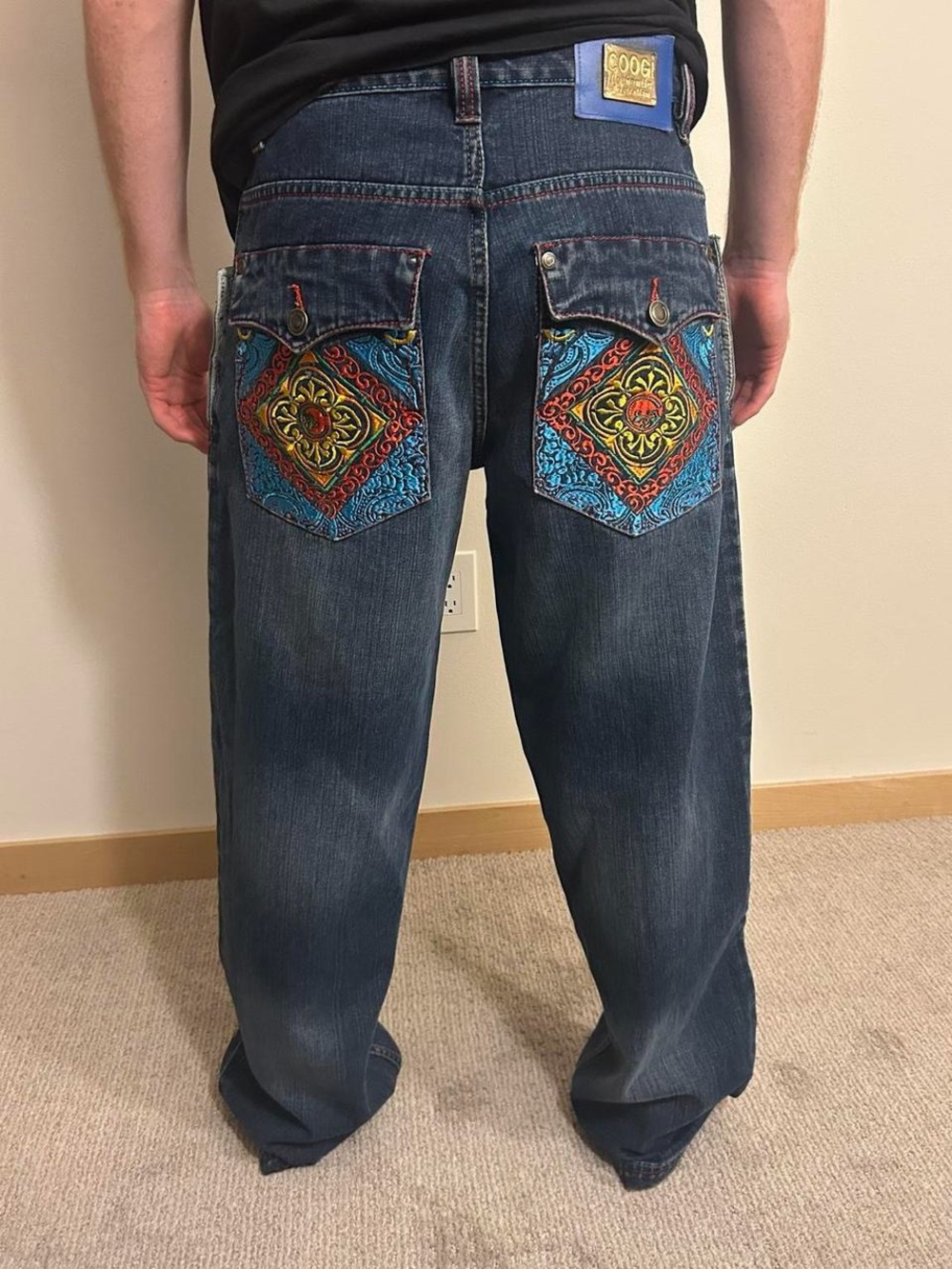 COOGI Dark Blue Relaxed Jeans with Multicolor Embroidered Back Patches